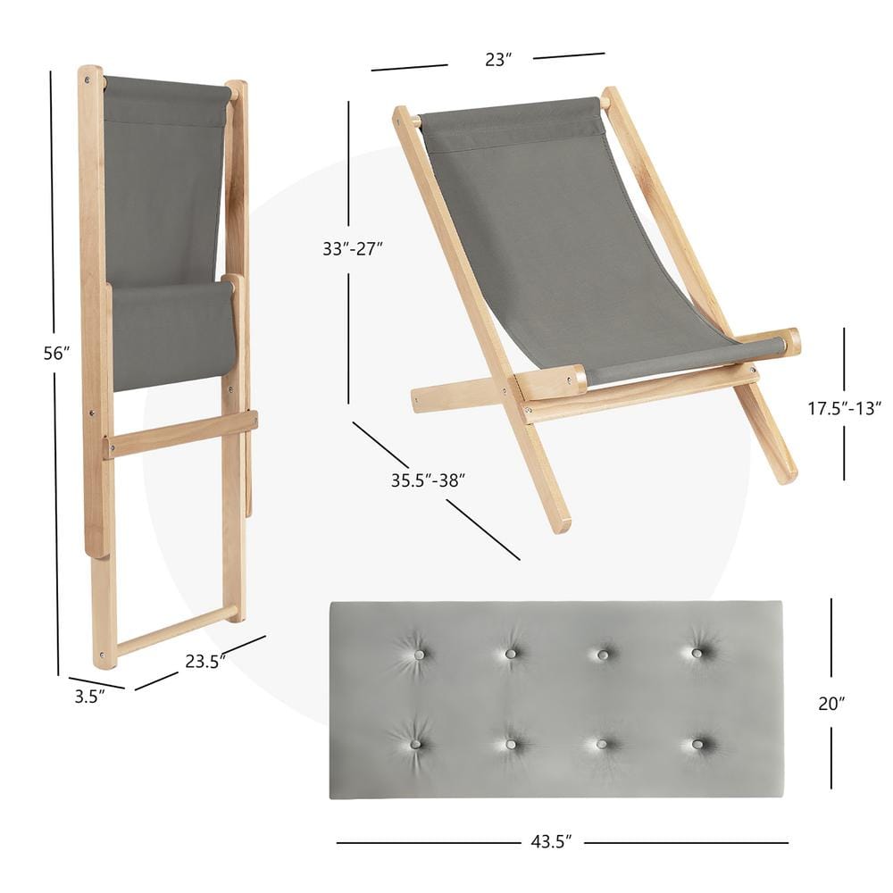 Foldable Natural Beech Wood Sling Chair with Gray Cushion