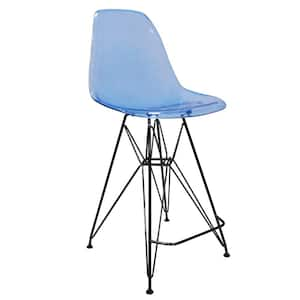 ABS Plastic Barstool 29.5 in. Seat Height Stool with Footrest and Black Steel Base Cresco Series in Transparent Blue