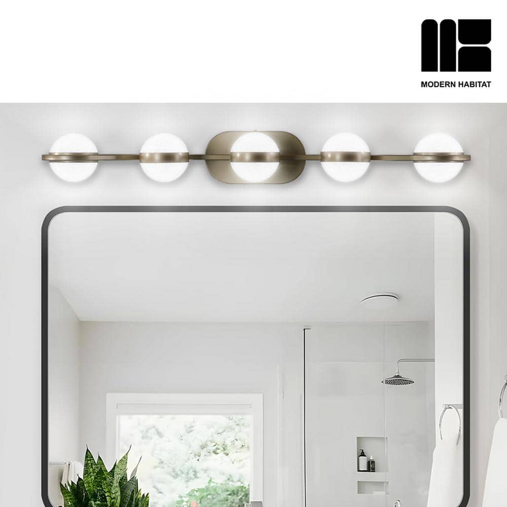 Brushed Gold 5-Light Dimmable LED Vanity Light with Globe Shades