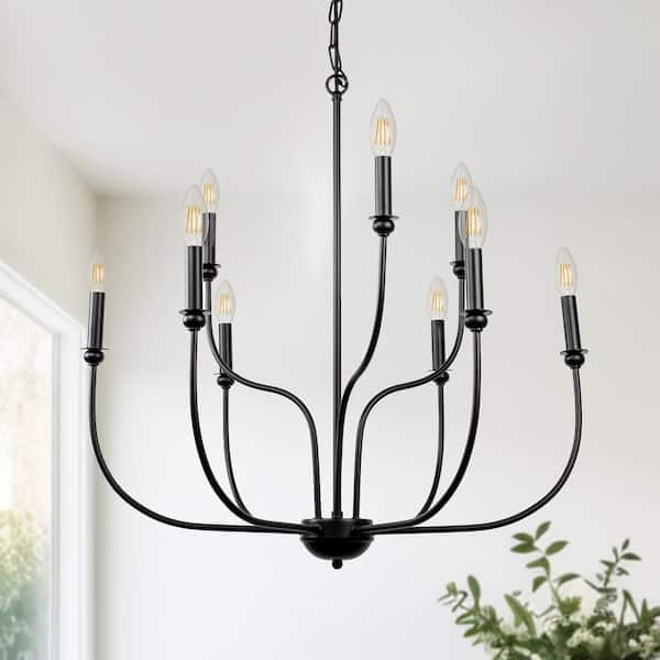 YANSUN 30 in. 9-Light Matte Black Candle Farmhouse Chandelier, Industrial Pendant Light for Living Room Foyer Kitchen Island