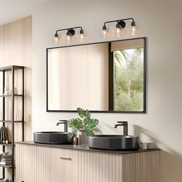 24.5 in. 3-Light Industrial Matte Black Geometric Bathroom Vanity Light with Clear Glass Shades
