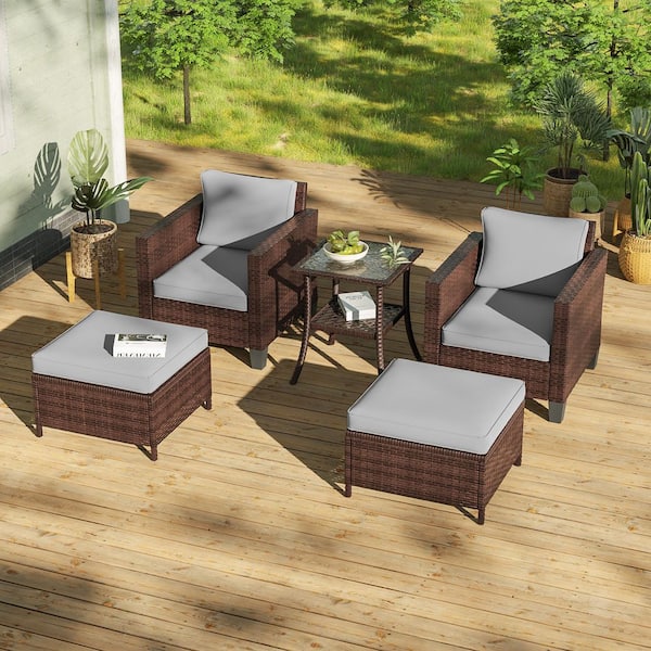 Sonkuki 5-Pieces Patio Conversation Set with Side Table, Outdoor Armchair and Ottomans Brown Wicker with Gray Cushions