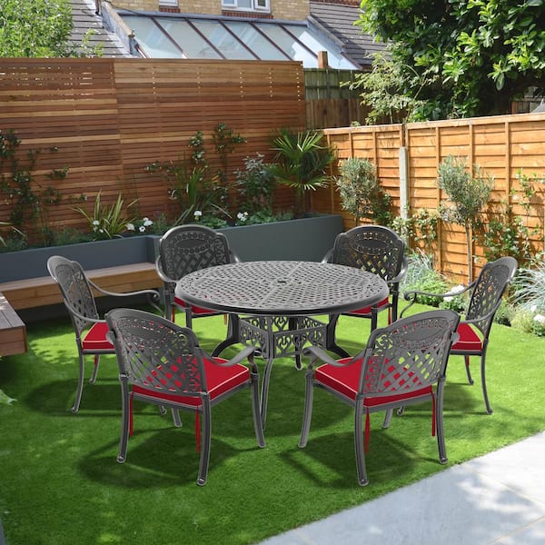 AUTMOON 7-Piece Cast Aluminum Patio Furniture Outdoor Dining Set with Random Color Cushions and Umbrella Hole