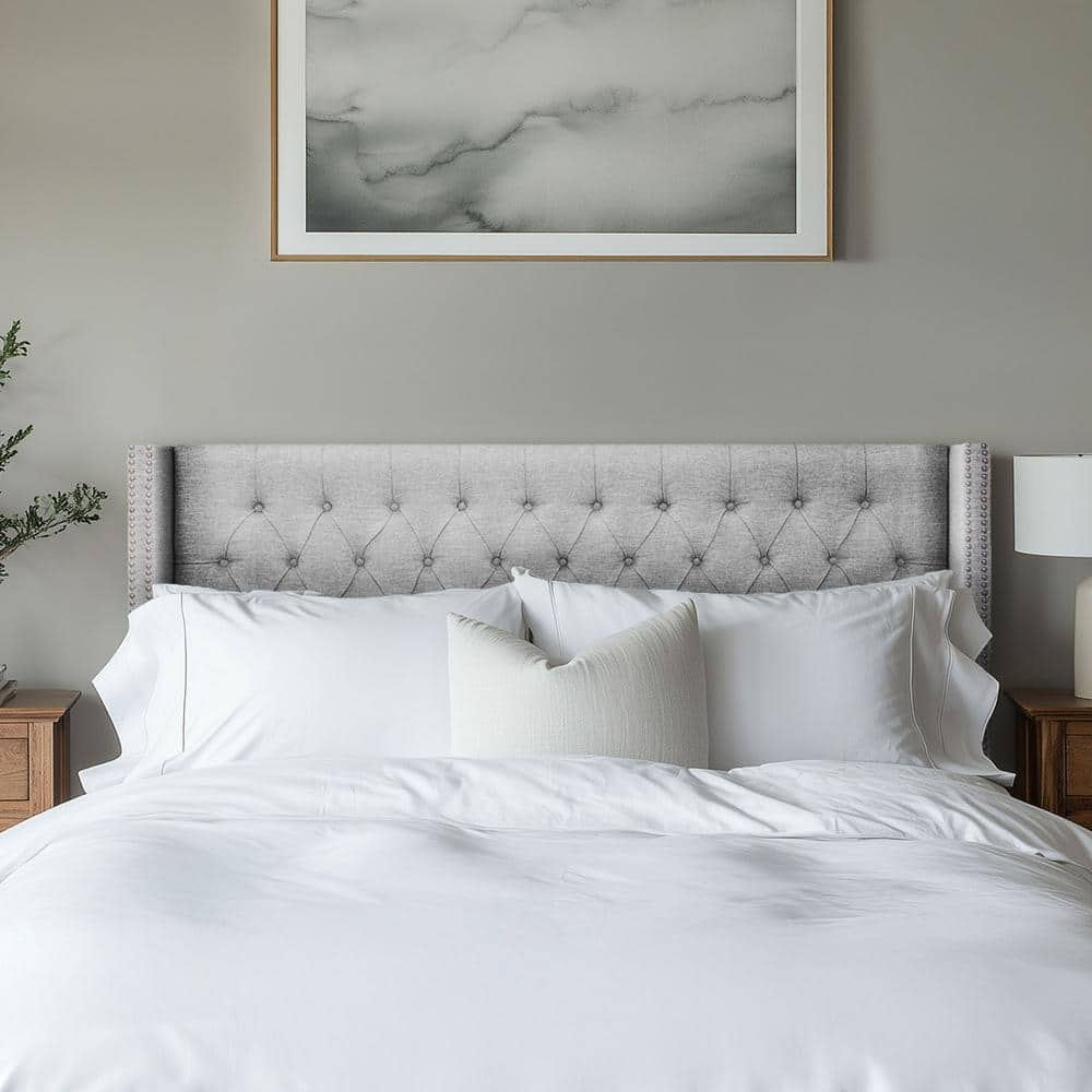 Gray Tufted Upholstered Wingback Queen Headboard