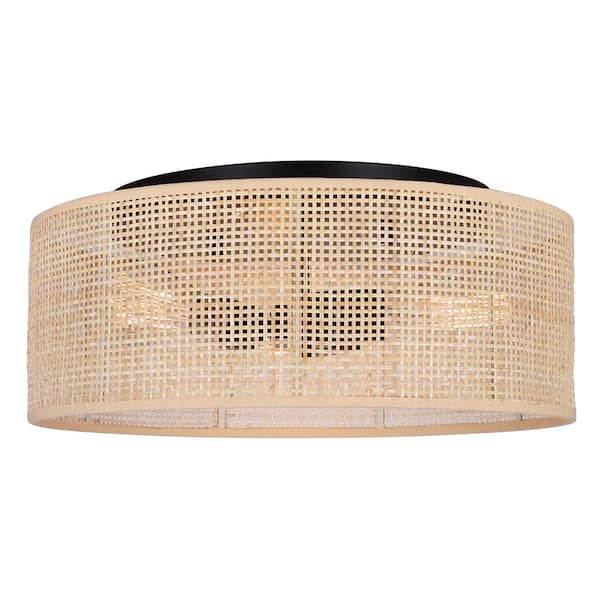 CANARM BELLAMY 16.25 in. 3-Light 60-Watt Boho Black Flush Mount with Natural Rattan Shade