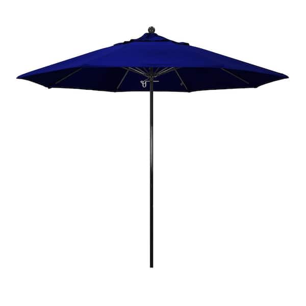 California Umbrella 9 ft. Black Fiberglass Commercial Market Patio Umbrella with Fiberglass Ribs and Push Lift in True Blue Sunbrella
