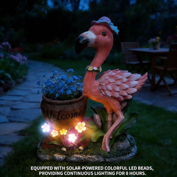 Outdoor Pink Resin Flower Pot, Garden Sculpture Flamingo Flower