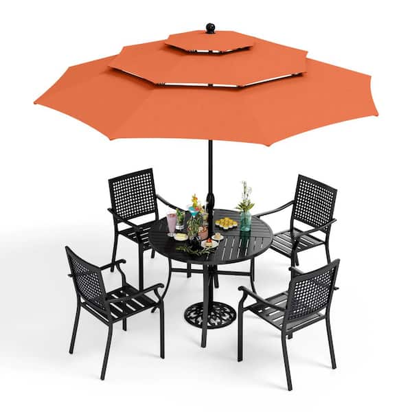 PHI VILLA 6-Piece Metal Patio Outdoor Dining Sets with Red Orange Umbrella