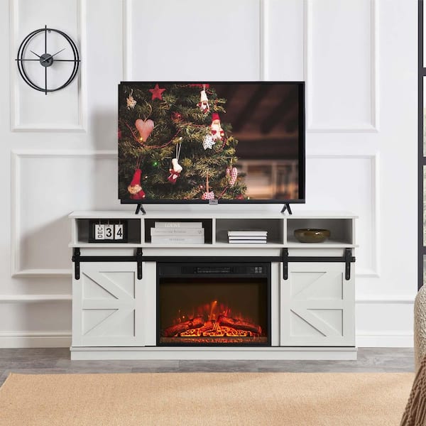 58 in. Freestanding Electric Fireplace TV Stand with Storage Space and Multifunctional Sliding Doors in Antique White
