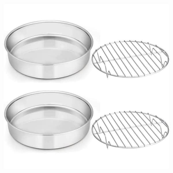 Stainless Steel Mirror Polished Silver Round Cake Pan and Baking Cooling Rack Set Non Toxic Healthy 4 Piece
