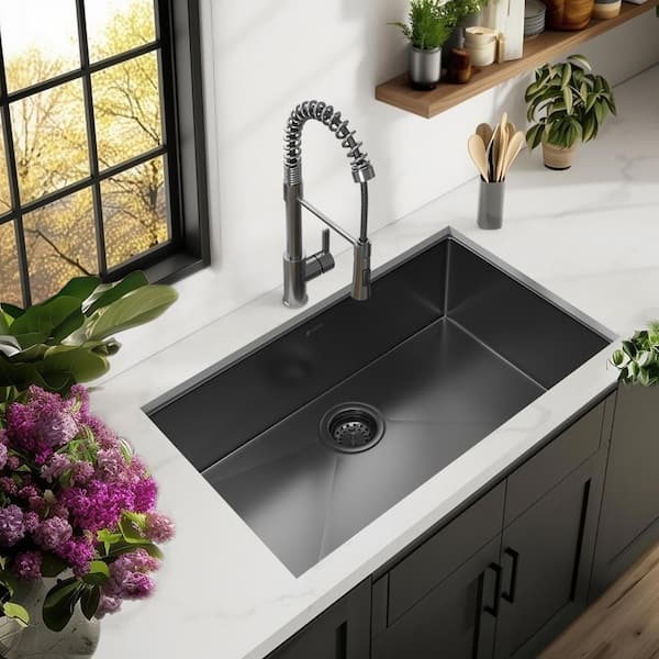 31 in. Undermount Single Bowl 18 Gauge Gunmetal Black Stainless Steel Kitchen Sink