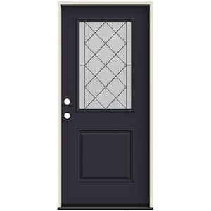 36 in. x 80 in. Right-Hand 1/2 Lite Harris Decorative Glass Black Painted Fiberglass Prehung Front Door w/Brickmould