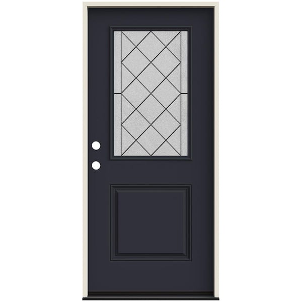 JELD-WEN 36 in. x 80 in. Right-Hand 1/2 Lite Harris Decorative Glass Black Painted Fiberglass Prehung Front Door w/Brickmould