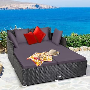1-Piece Wicker Outdoor Day Bed Pillows Sofa Furniture with Gray Cushions