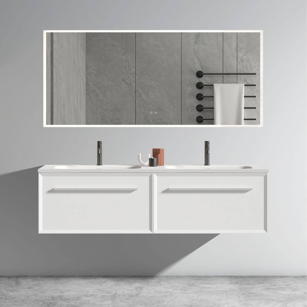 60 in. White Double Sink Wall-Mounted Bath Vanity with Solid Surface Top