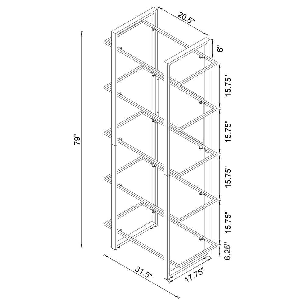 Hartford 79" Silver Chrome and Glass Shelf Bookcase