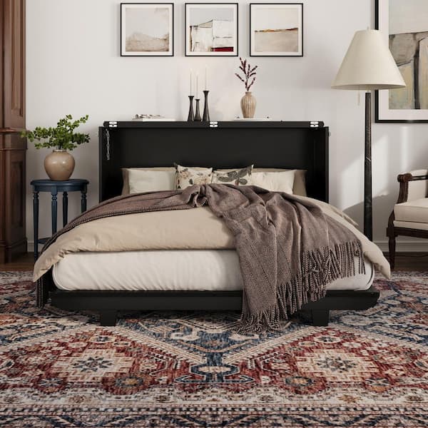 Charleston Black Wood Frame Full Murphy Bed Chest with 6 in. Mattress