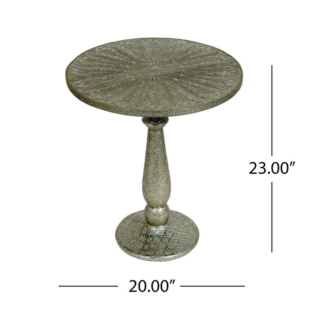 Silver Round Metal End Table with Floral Engravings