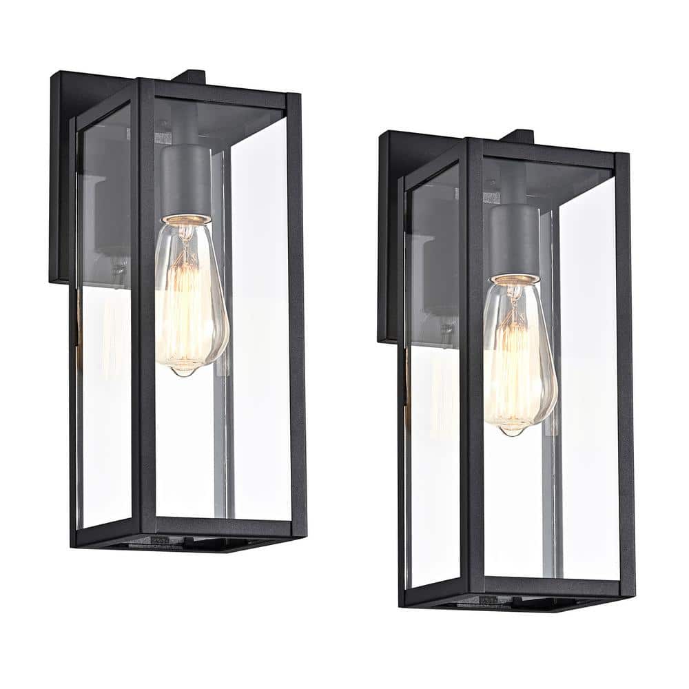 13.75 in. Matte Black Outdoor E26 Wall Lantern Sconce with Clear Glass Shad