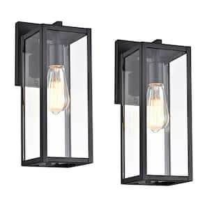 13.75 in. Matte Black Outdoor E26 Wall Lantern Sconce with Clear Glass Shade Weather Resistant (2-Pack)