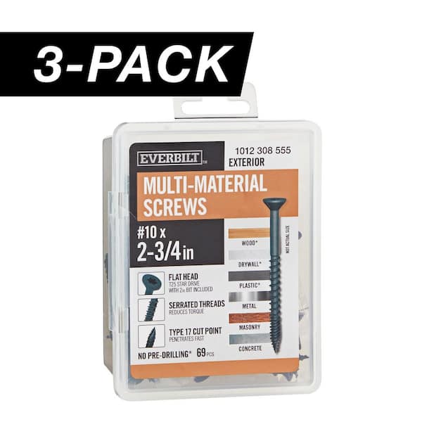 Everbilt 3-Pack #10 x 2-3/4 in. Black 6-Lobe Star Drive Exterior Flat Head Multi-Material Screw (3 lbs. / 207-Piece)