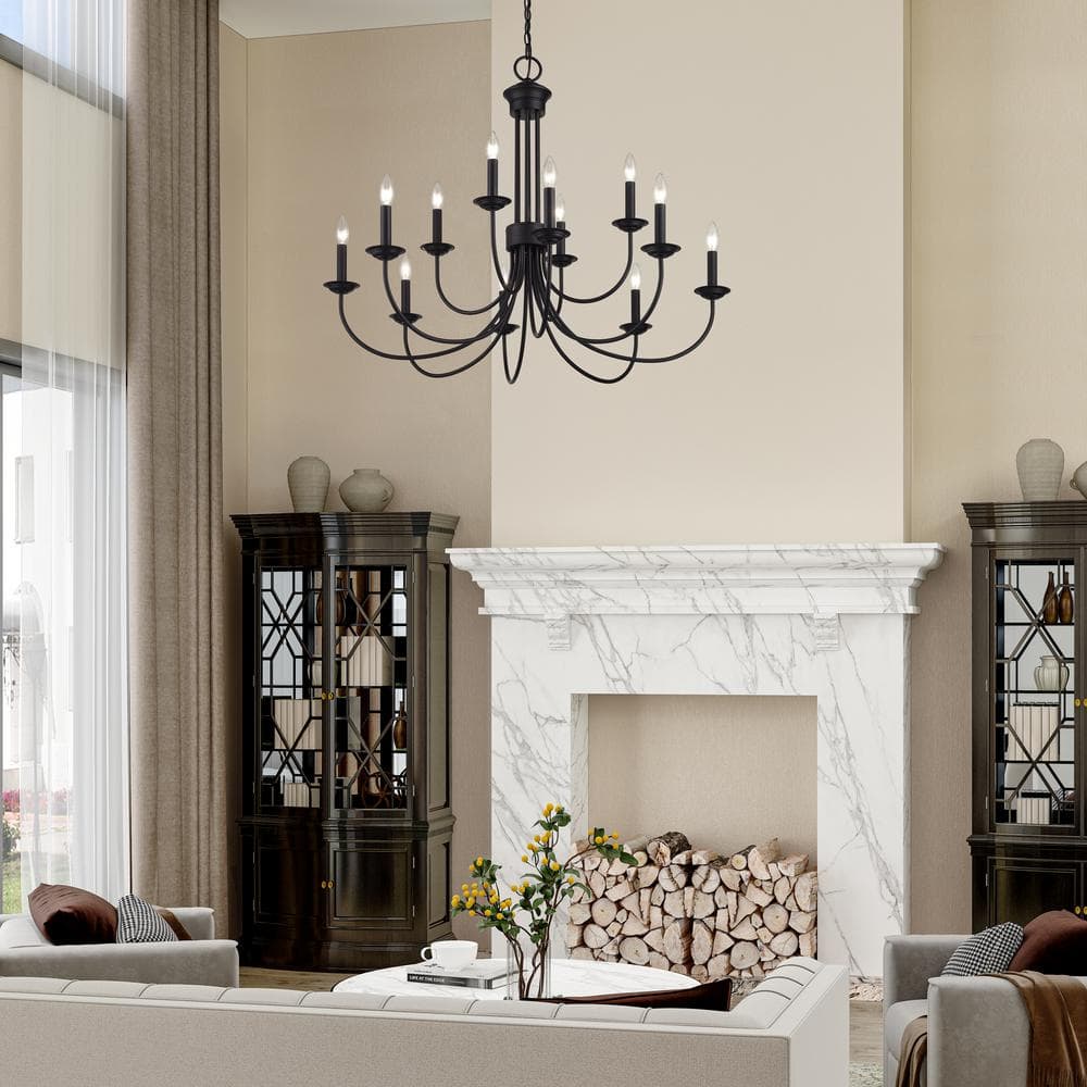 Black Steel 12-Light Large 2-Tier Candelabra Chandelier