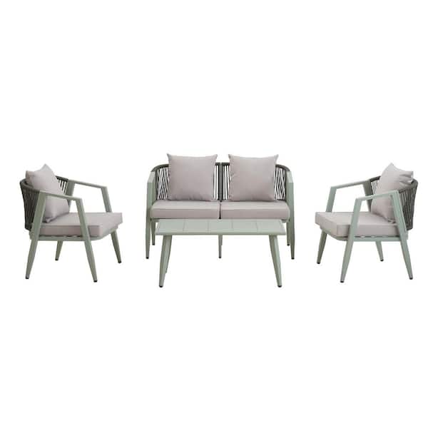 Green 4-Piece Wicker Patio Conversation Set with CushionGuard Tan Cushions