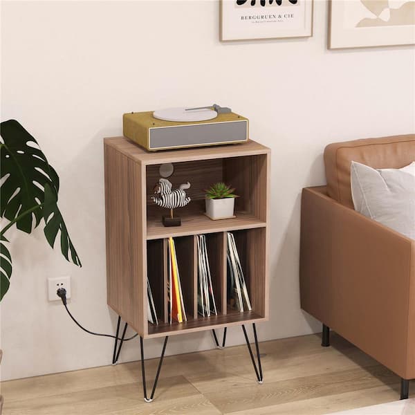 Walnut 3-Tier Record Player Stand with Charging Station Shelf and 4-Dividers for Bedroom
