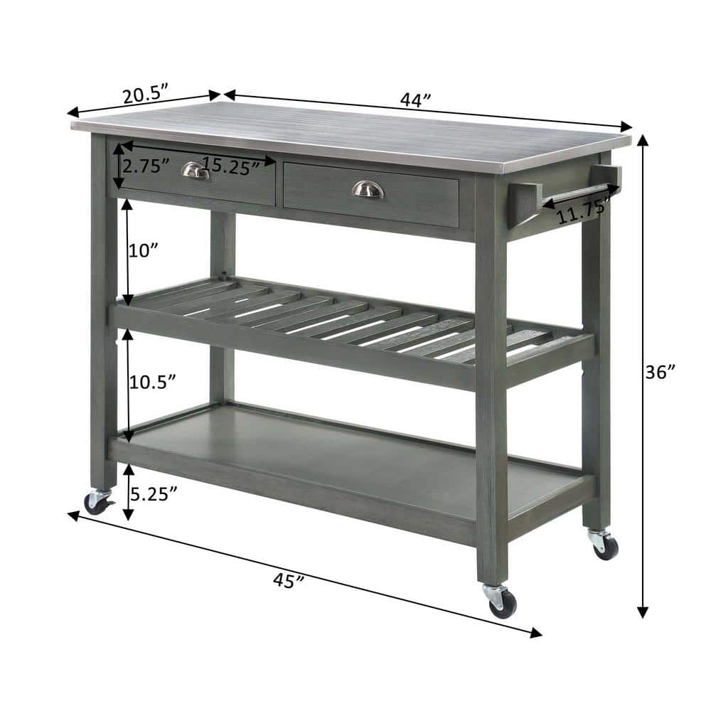 Wirebrush Dark Gray Stainless Steel Kitchen Cart with Wine Rack