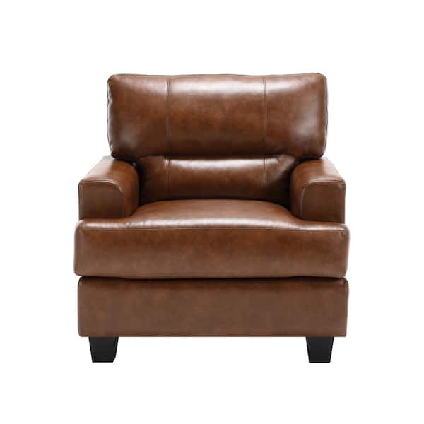 Morden Fort Glam Mid-Century Brown PU Leather Armchair with Cushion for Apartment Living Room Bedroom Office Club