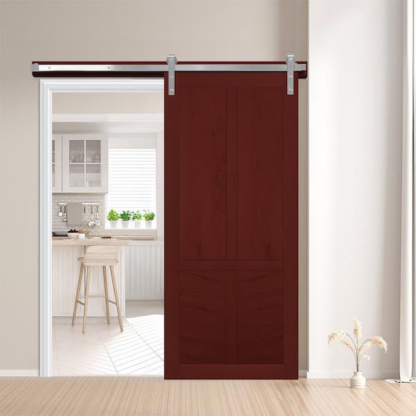 Robinhood Red Wood 36 in. x 84 in. Sliding Barn Door with Hardware Kit in Stainless Steel
