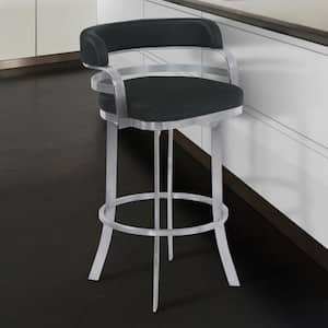 Prinz 26 in. Metal Swivel Bar Stool in Black Faux Leather with Brushed Stainless Steel and Gray Walnut Back