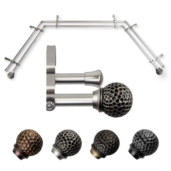 EMOH Ushasi 20-36 in. sides, 38-72 in. center Adjustable Bay Window Double Curtain Rod 13/16 in. in Satin Nickel with Finial