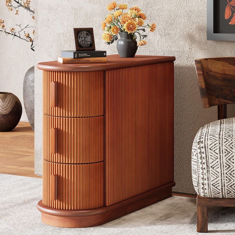 Fenley 2PCS Walnut 3 Drawers Narrow Nightstand with Finished Back for Bedroom, No Assembly