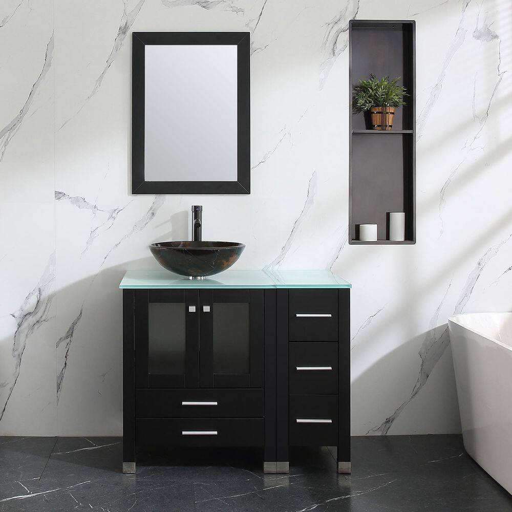 36 in. W x 21.3 in. D x 29.1 in. H Single Sink Bath Vanity in Black with Glass Top and Mirror price history on PriceWatchPro
