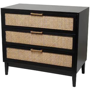 Black Wood 3 Drawer Cabinet with Cane Front Drawers and Gold Handles