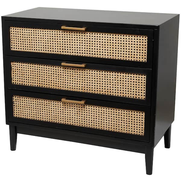 Litton Lane 36 in. W Black Wood 3 Drawer Cabinet with Cane Front Drawers and Gold Handles