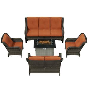 5-Piece Wicker Outdoor Patio Conversation Set with Orange Cushions and Rectangular Fire Pit Table