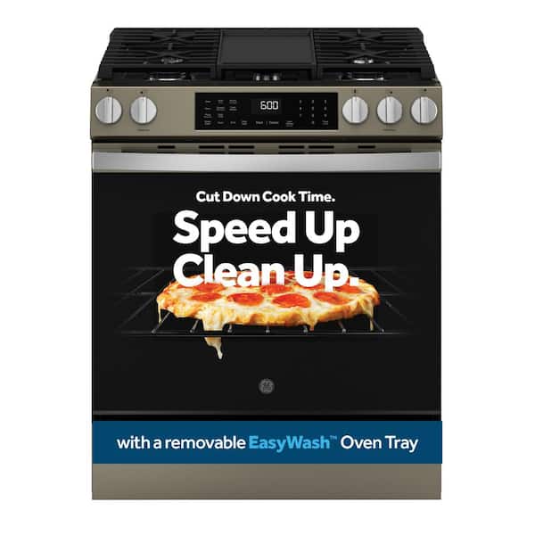 GE 30 in. 5-Burners Slide-In Smart Gas Convection Range in Slate with EasyWash Oven Tray And No-Preheat Air Fry