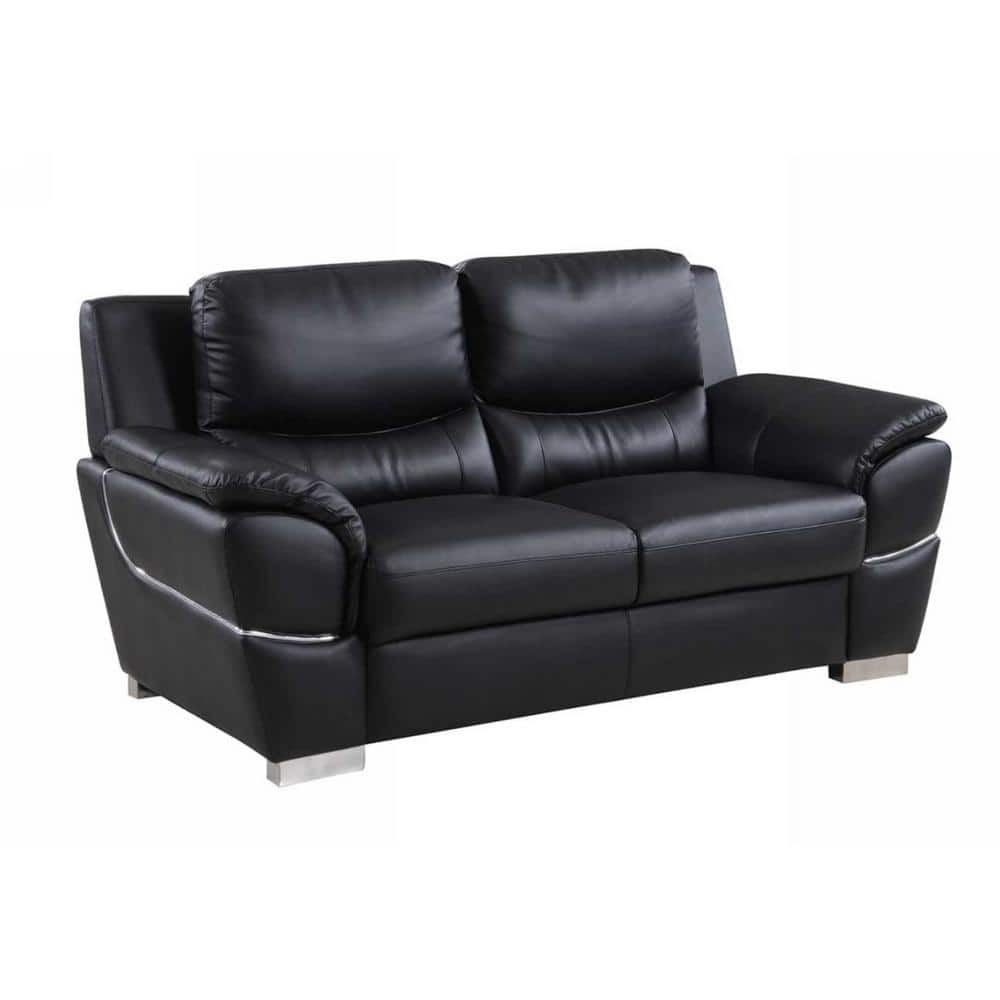 Modern Black Leather Pillow-Top Arm Loveseat with Wood Accents