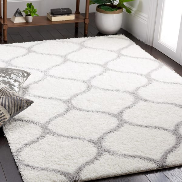 Tahoe Shag 4 ft. x 6 ft. White/Gray Trellis Modern Area Rug