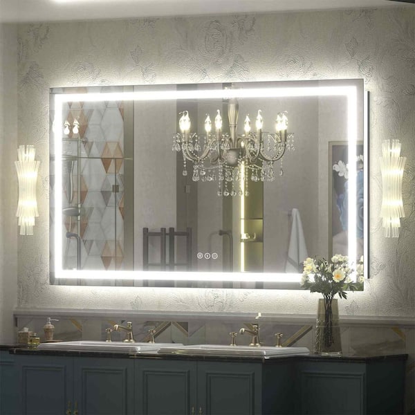Apmir 55 in. W x 30 in. H Rectangular Frameless Front & Back LED Lighted Anti-Fog Tempered Glass Wall Bathroom Vanity Mirror