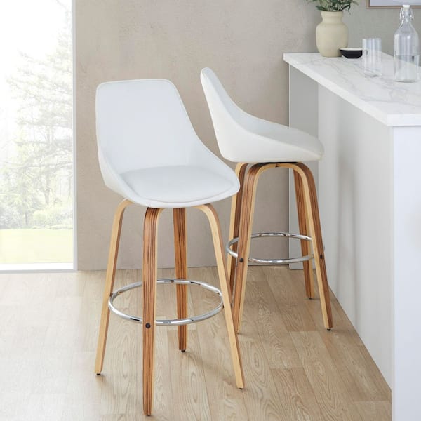 Lumisource Diana 30 in. Zebra Wood and White Faux Leather with Round Chrome Metal Fixed-Height Barstool (Set of 2)