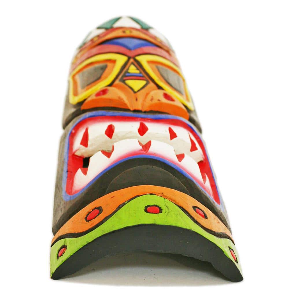 Hand-Carved Colorful Wooden Tiki Mask Statue, 20" Tall