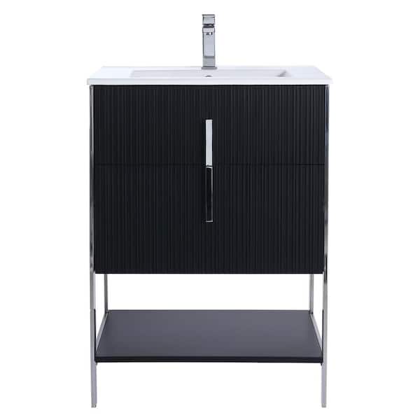 FINE FIXTURES 24 in. W x 18 in. D x 33.5 in. H in Black Matte Bath Vanity with White Ceramic Sink Top with Chrome Hardware
