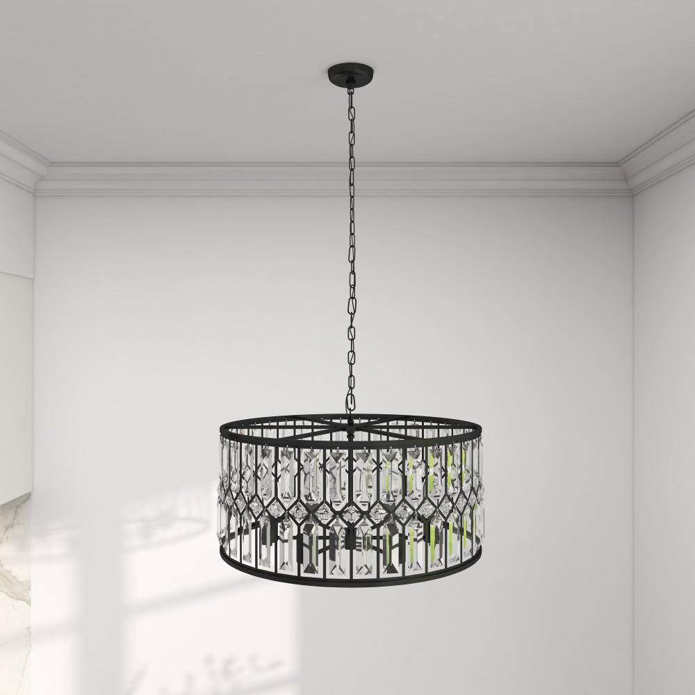 Elegant 24" Black Metal and Crystal Drum Chandelier with Edison Bulbs