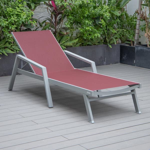Leisuremod Marlin Outdoor Patio Chaise Lounge Chair with Arms in Grey Aluminum Reclining Backrest Mesh Sling Seat in Navy Blue