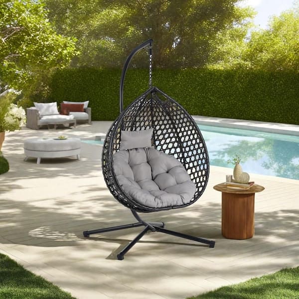 Cesicia Wicker Patio Swing Egg Chair with Gray Cushion and Black Iron Stand