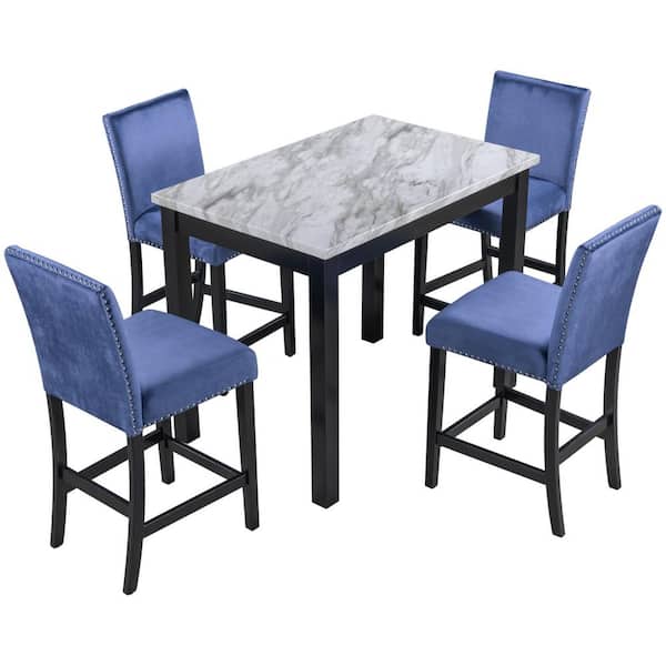 Unbranded Modern 5-Piece Rectangle White and Blue Faux Marble Top Table Set Seats- 4