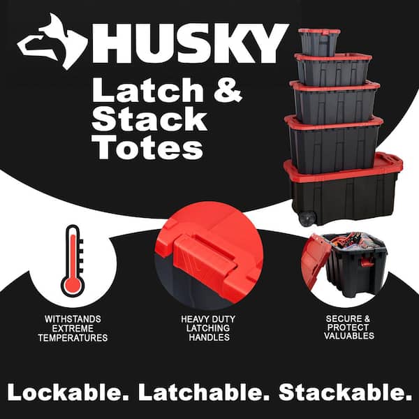 Husky 45 Gal. Clear Latch and Stack Tote with Wheels in Black with Red Lid  206235 - The Home Depot